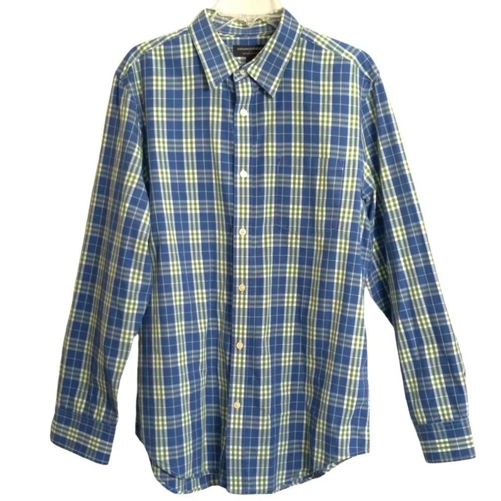 Banana Republic Men's Plaid Shirt Long Sleeve Button Up Sz L Pocket Green/Blue